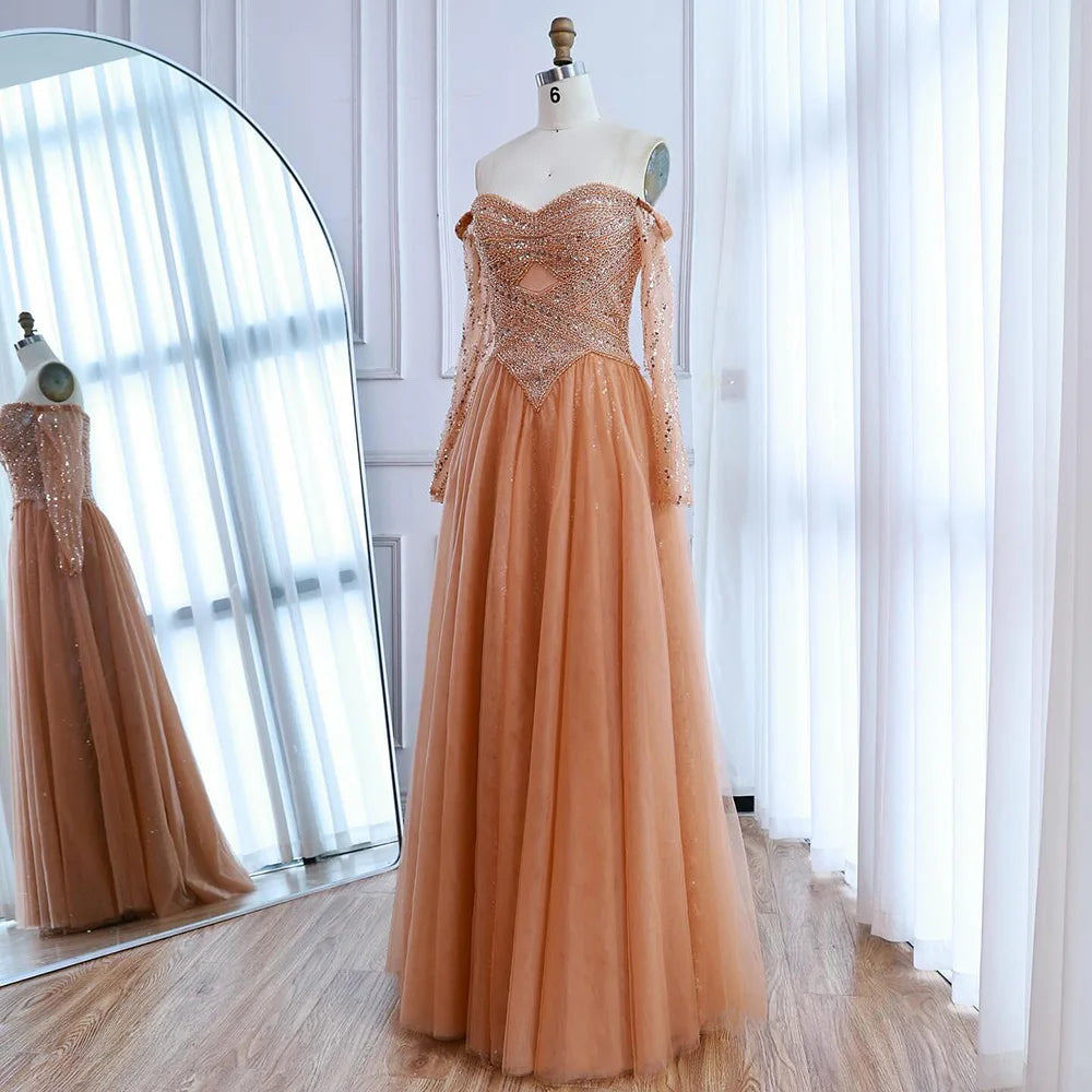 Luxury Nude Off Shoulder A-Line Beaded Evening Dress LA73038 - SERENE HILL