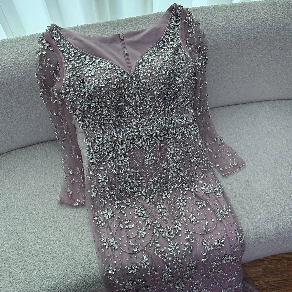 Luxury Nude Beaded Crystal Evening Dress with Long Sleeves LA73042 - SERENE HILL