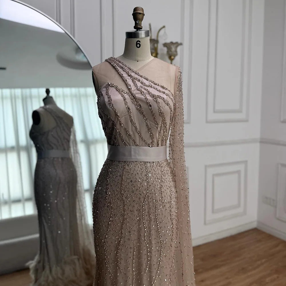 Elegant Nude One Shoulder Feather Beaded Mermaid Evening Dress LA71096 - SERENE HILL
