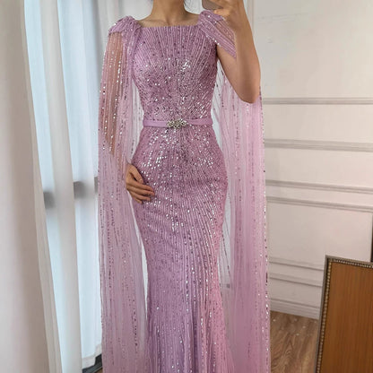 Luxury Arabic Purple Mermaid Evening Dress with Cape Sleeves LA71909 - SERENE HILL
