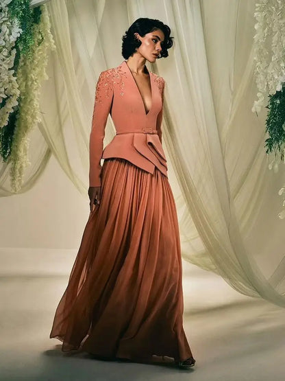 Brown Luxury Beaded Evening Gown with Blazer Top and Pleated Skirt LA72918 - SERENE HILL