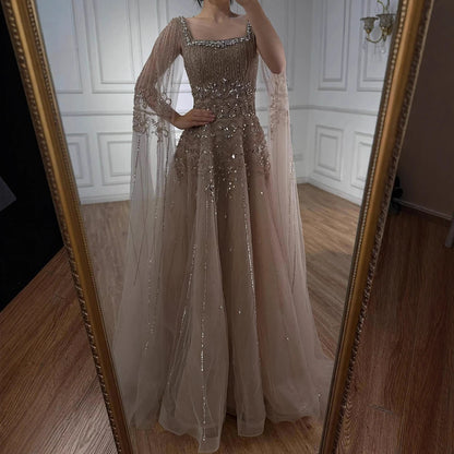 Luxury Caramel A-Line Beaded Evening Dress with Cape Sleeves LA73089A - SERENE HILL