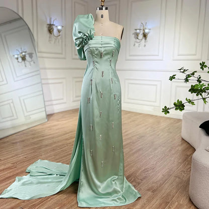 Serene Hill Arabic Sage Green One Shoulder with Cape Luxury Crystal Dubai Evening Dress Gowns for Women&