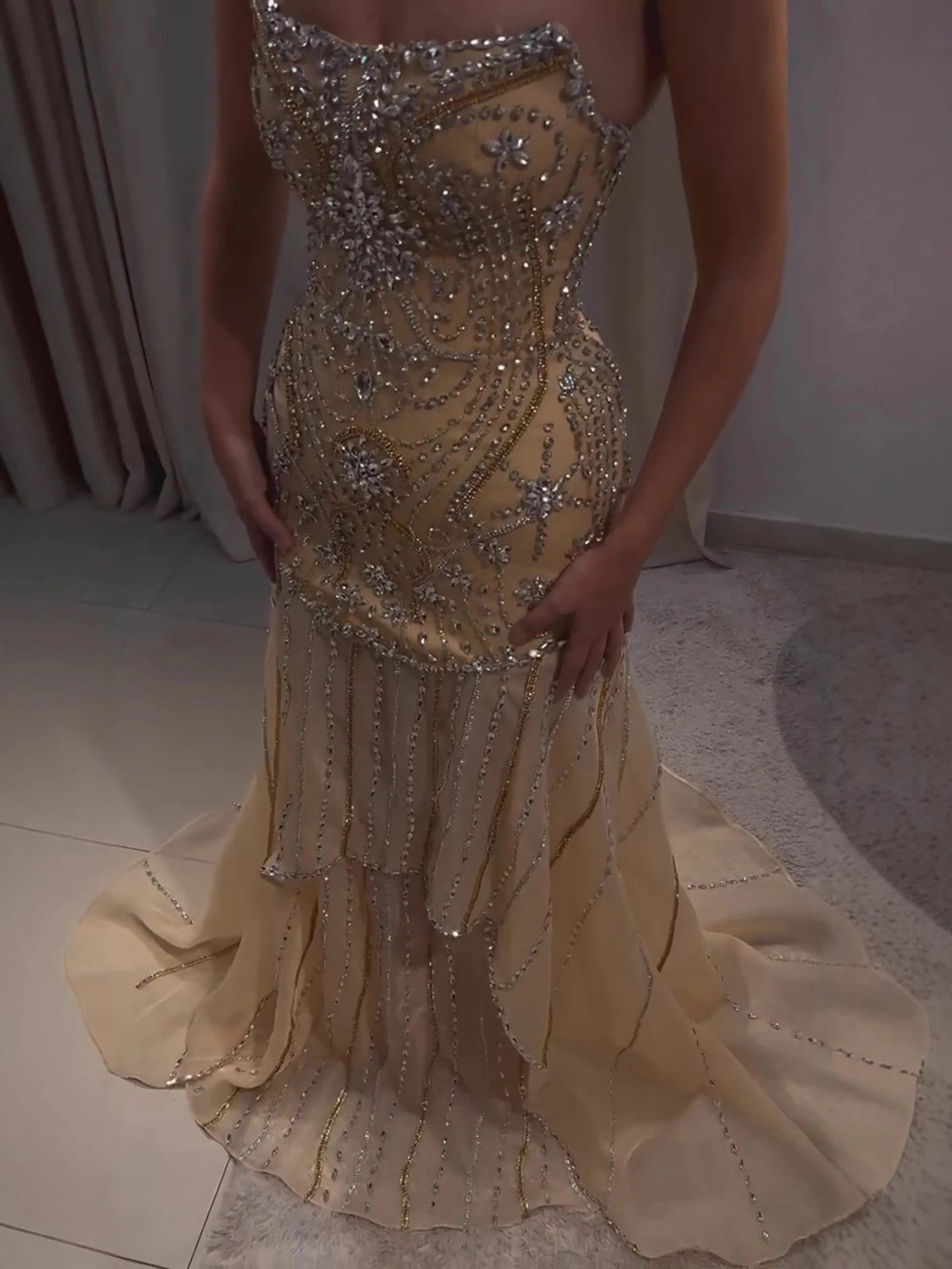 Luxury Gold Diamond Evening Dress with Cape for Wedding Party LA73224 - SERENE HILL
