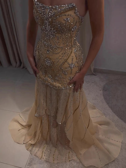 Luxury Gold Diamond Evening Dress with Cape for Wedding Party LA73224 - SERENE HILL