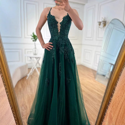 Luxury Sage Green Lace A-Line Prom Dress with Spaghetti Straps LA73005 - SERENE HILL