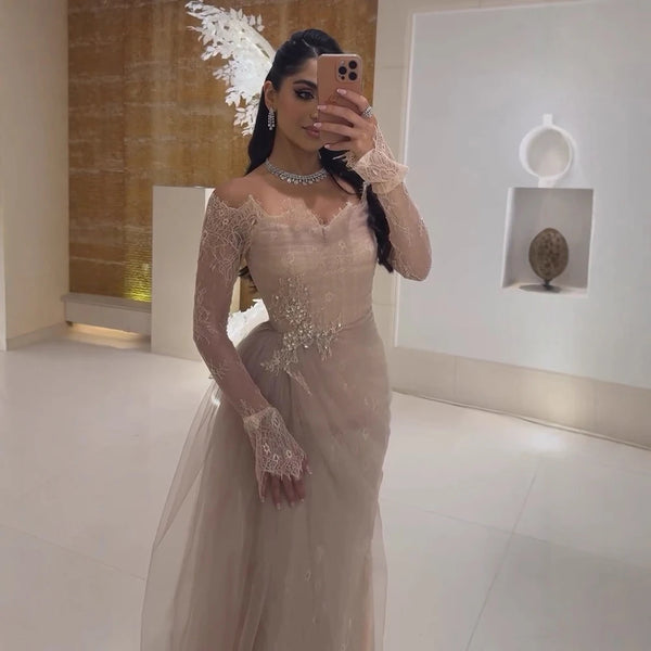 Luxury Light Pink Mermaid Lace Beaded Evening Dress LA72910