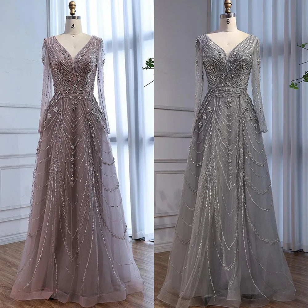 Luxury Pink Beaded A-Line Evening Dress with V Neck &amp; Long Sleeves LA73114 - SERENE HILL