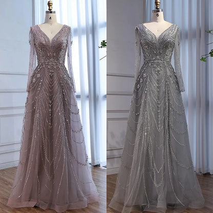 Luxury Pink Beaded A-Line Evening Dress with V Neck &amp; Long Sleeves LA73114 - SERENE HILL