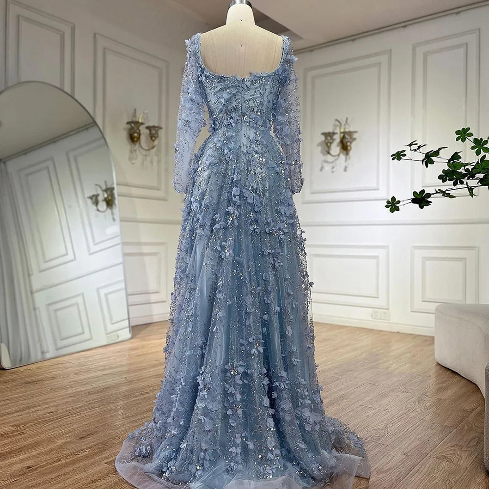 Luxury Arabic Gray A Line Elegant 3D Flower Evening Dress Long Sleeve LA72657 - SERENE HILL
