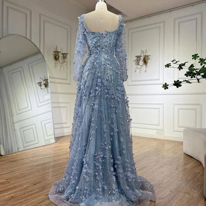 Luxury Arabic Gray A Line Elegant 3D Flower Evening Dress Long Sleeve LA72657 - SERENE HILL