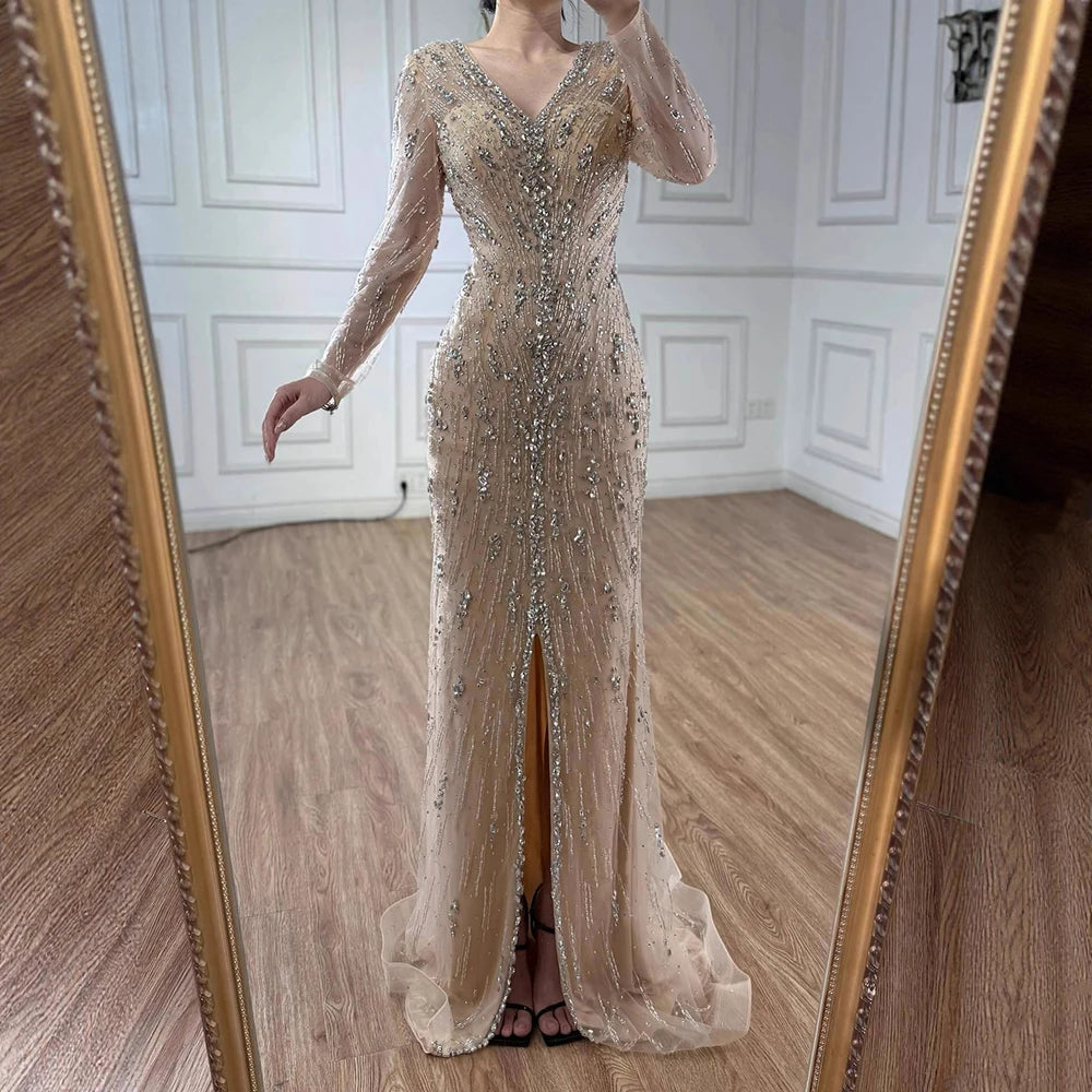 Luxury Turquoise Crystal Beaded Evening Dress Elegant Slit Gown LA73179 - SERENE HILL