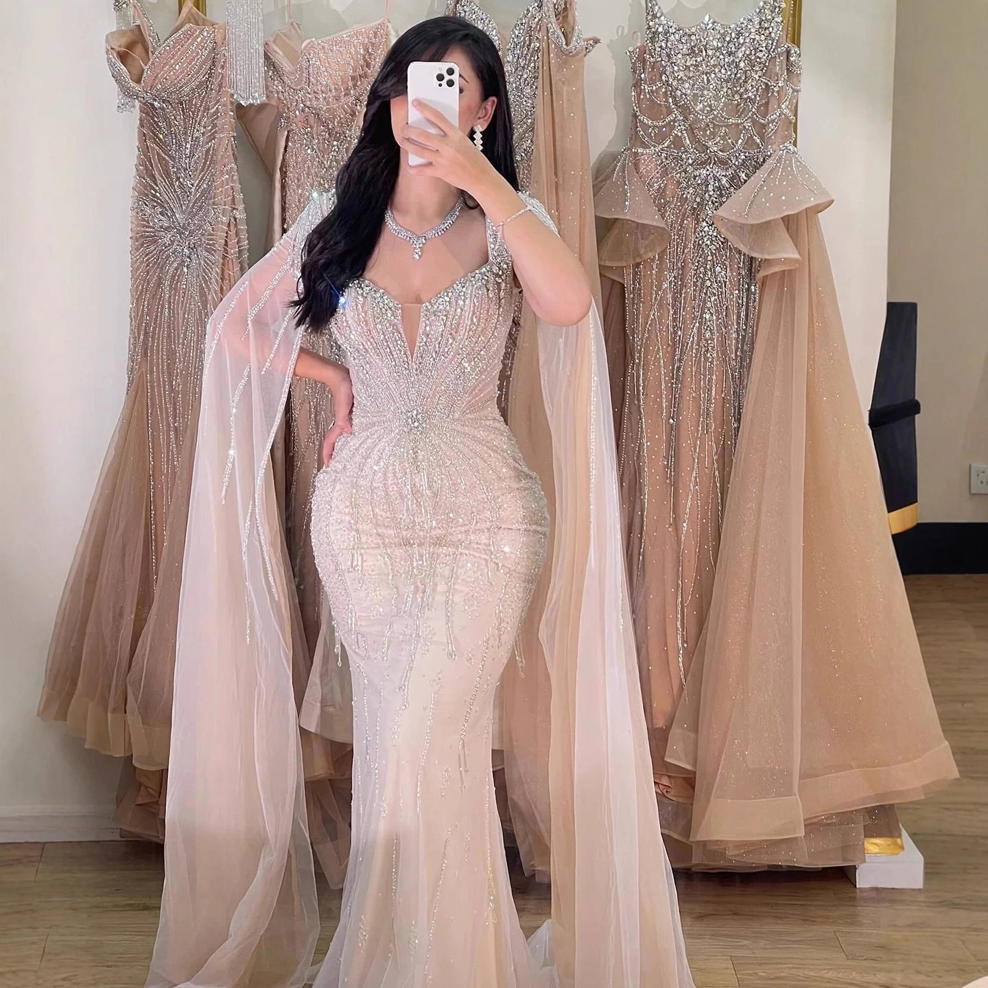Luxury Designer Beige Beaded Evening Dress with Cape Sleeves LA72992 - SERENE HILL