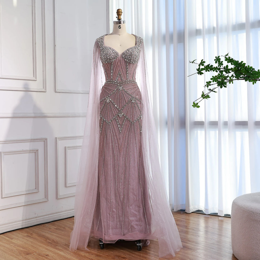 Luxury Dubai Pink Beaded Evening Dress With Cape LA73329 - SERENE HILL