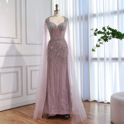 Luxury Dubai Pink Beaded Evening Dress With Cape LA73329 - SERENE HILL