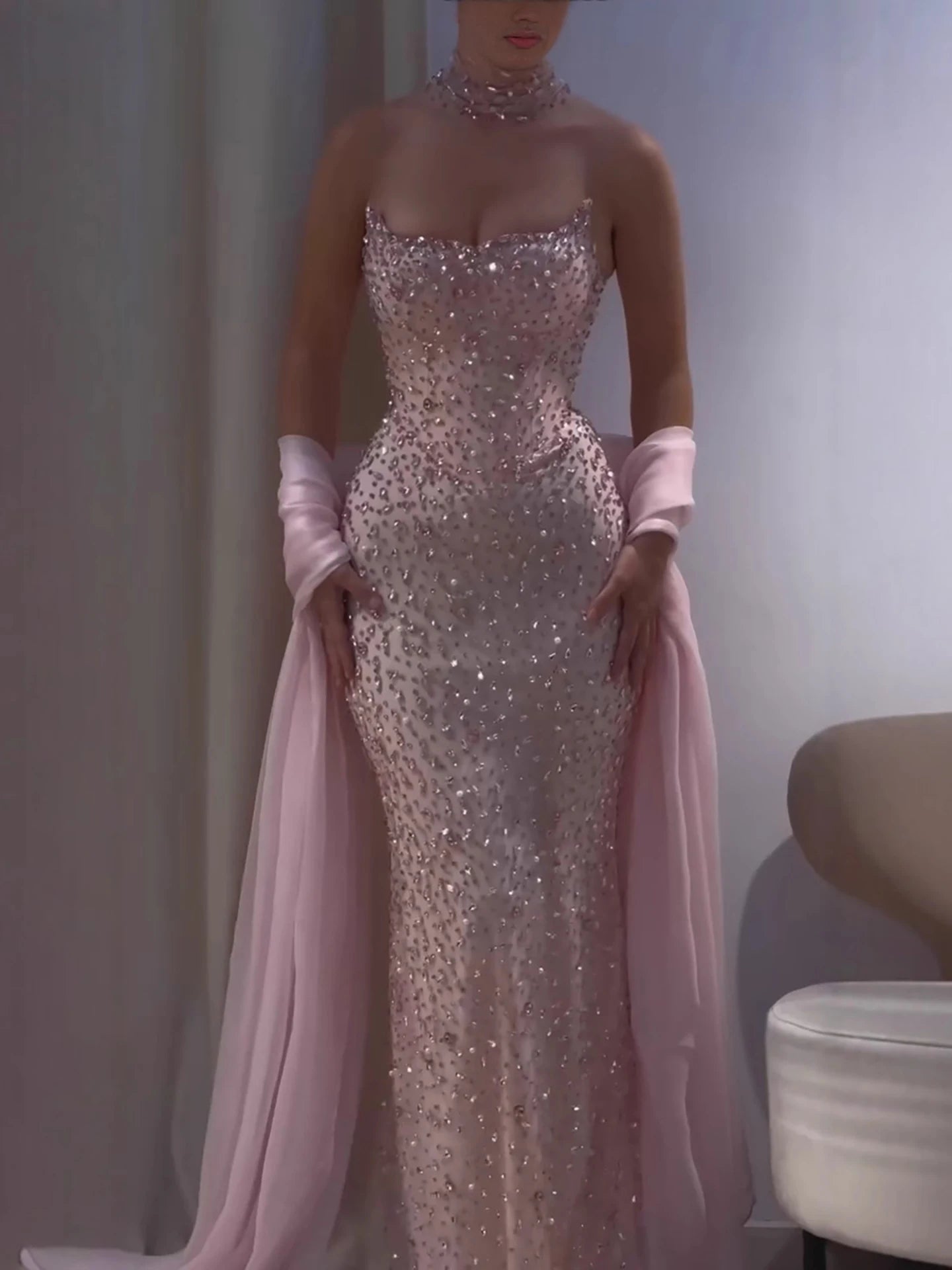 Luxury Pink Diamond Evening Dress with Cape Gown for Wedding Party LA73225 - SERENE HILL