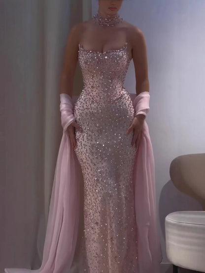 Luxury Pink Diamond Evening Dress with Cape Gown for Wedding Party LA73225 - SERENE HILL