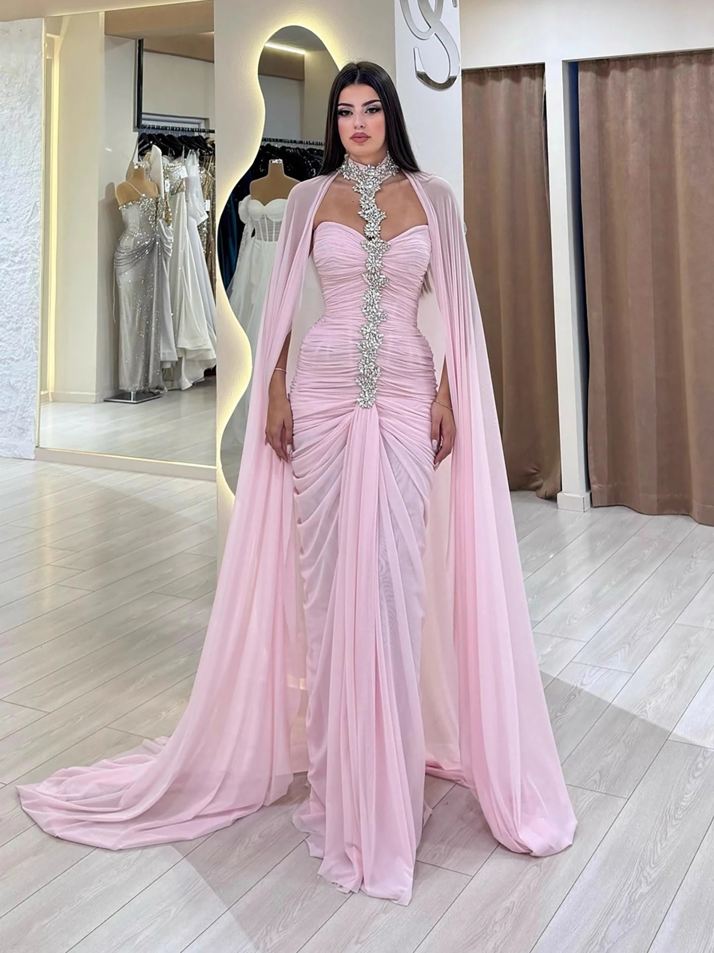 Luxury Pink Halter Crystal Beaded Evening Dress with Cape LA73374 - SERENE HILL
