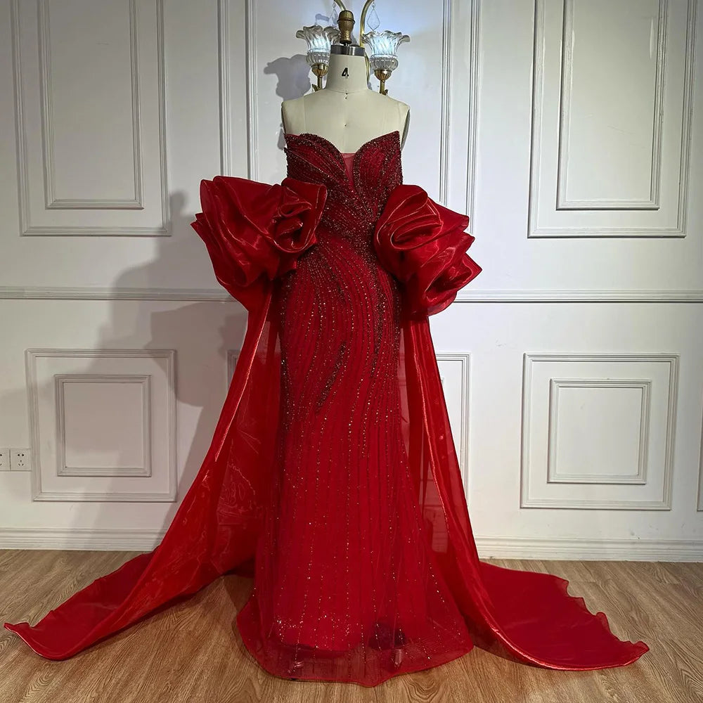 Luxury Designer Red Beaded Mermaid Evening Dress with Cape LA72896 - SERENE HILL