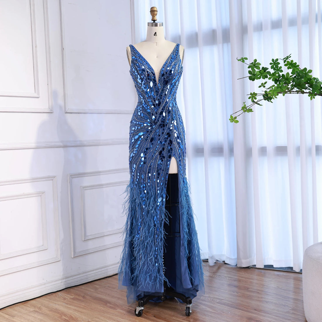 Luxury Blue Beaded Feather Mermaid Evening Dress LA73369 - SERENE HILL
