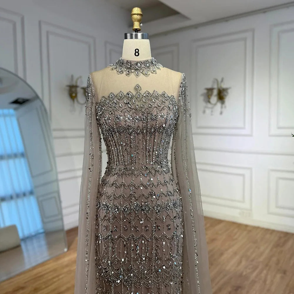 Luxury Nude Beaded Evening Dress with Long Cape Sleeves LA72714A - SERENE HILL