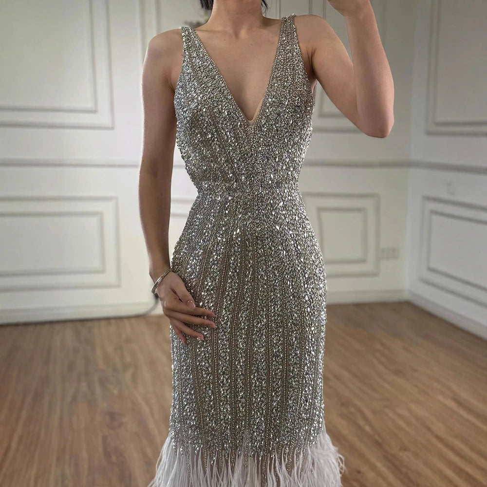 Luxury Silver Feather Mermaid V-Neck Evening Dress LA60749 - SERENE HILL