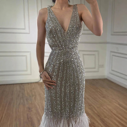 Luxury Silver Feather Mermaid V-Neck Evening Dress LA60749 - SERENE HILL