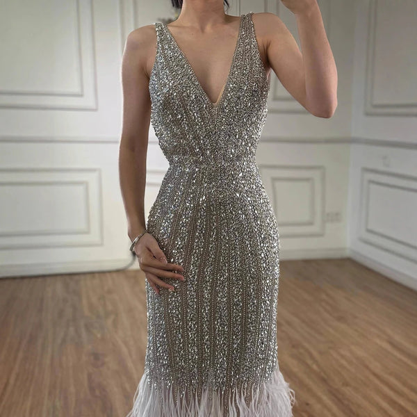 Luxury Silver Feather Mermaid V-Neck Evening Dress LA60749