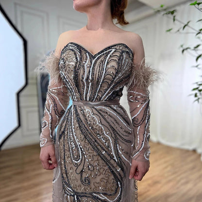 Luxury Arabic Nude Mermaid High Split Feather Beaded Evening Dress LA71910 - SERENE HILL