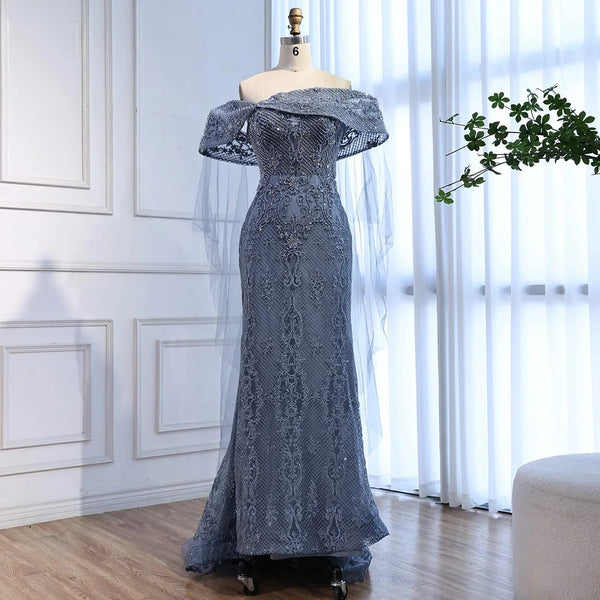 Luxury Blue Lace Off Shoulder Evening Dress for Women LA73125