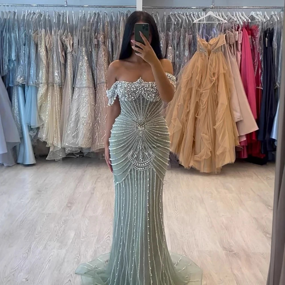 Luxury Sage Green Pearls Beaded Mermaid Evening Dress Off Shoulder LA73148 - SERENE HILL