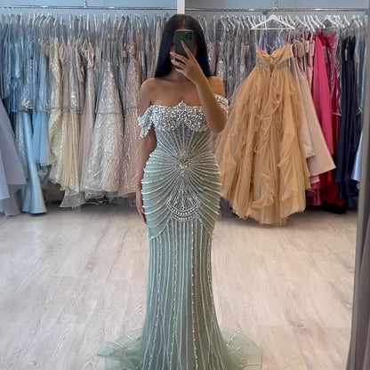 Luxury Sage Green Pearls Beaded Mermaid Evening Dress Off Shoulder LA73148 - SERENE HILL