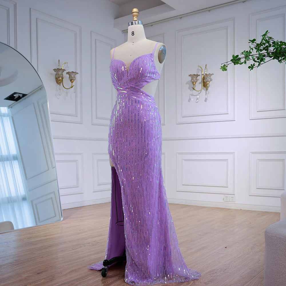 badass bridesmaid dresses Purple One Shoulder Lace Up Back Slit Sequin Maxi Dress – Aquarius Brand main image 0