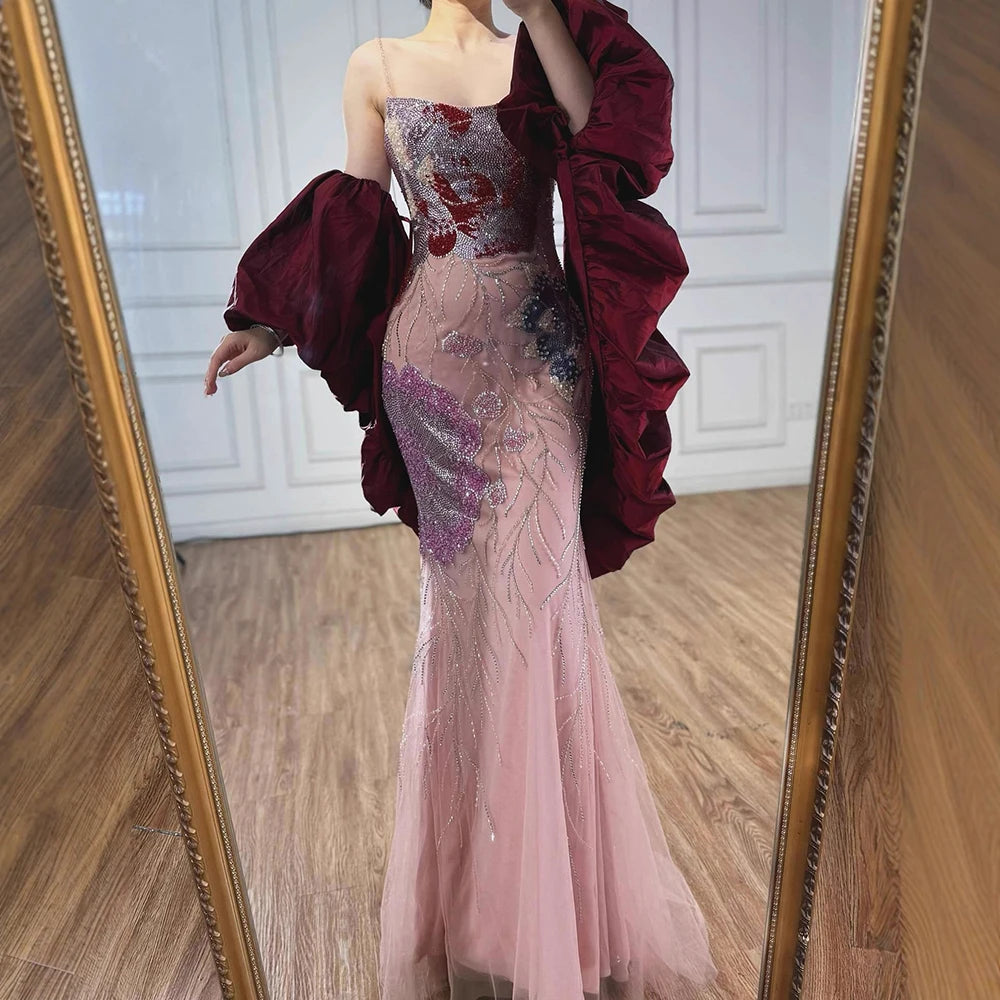 Luxury Designer Dreamy Pink Evening Dress With Cape Sleeves LA72850 - SERENE HILL