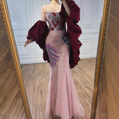 Luxury Designer Dreamy Pink Evening Dress With Cape Sleeves LA72850 - SERENE HILL