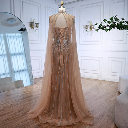 Nude Luxury Beaded Mermaid Evening Gown with Cape Sleeves LA72811A - SERENE HILL