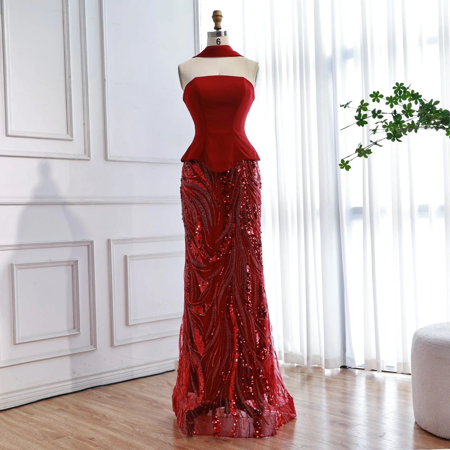 Luxury Wine Red Mermaid Evening Dress With Gloves LA73050E - SERENE HILL