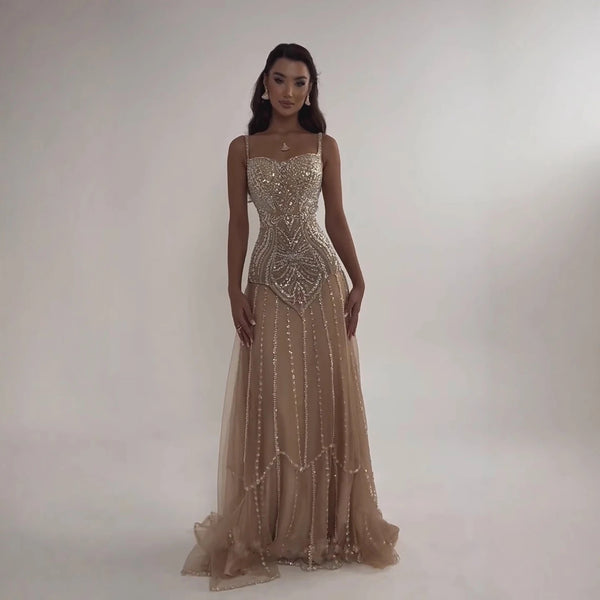 Luxury Nude Beaded A-Line Evening Dress for Women Party LA73189A