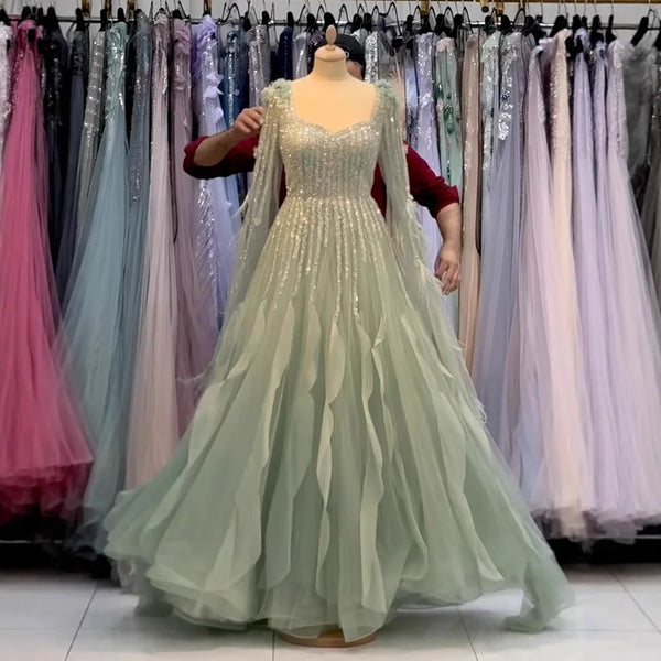Luxury Sage Green  A lina Evening Dress  With Cape LA72984