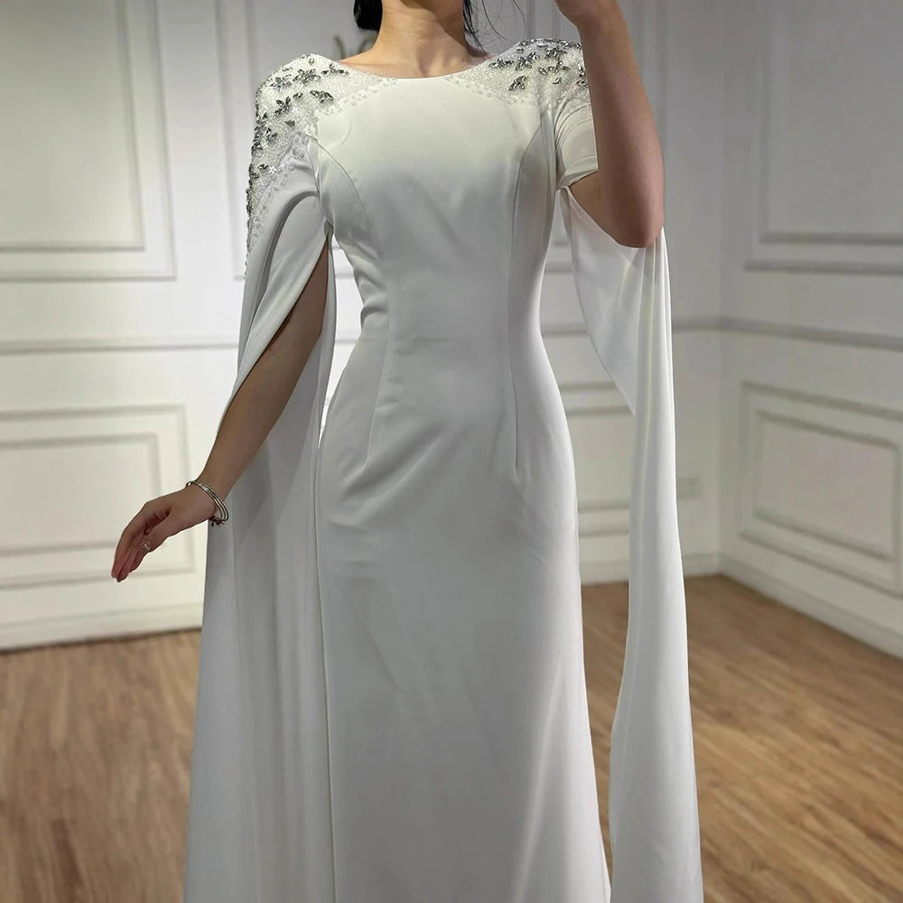Luxury White Mermaid Evening Dress with Cape LA70934 - SERENE HILL
