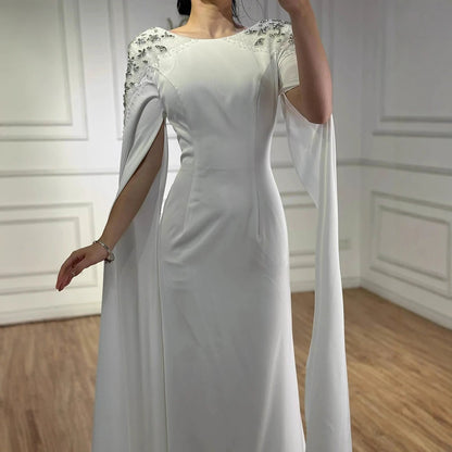 Luxury White Mermaid Evening Dress with Cape LA70934 - SERENE HILL