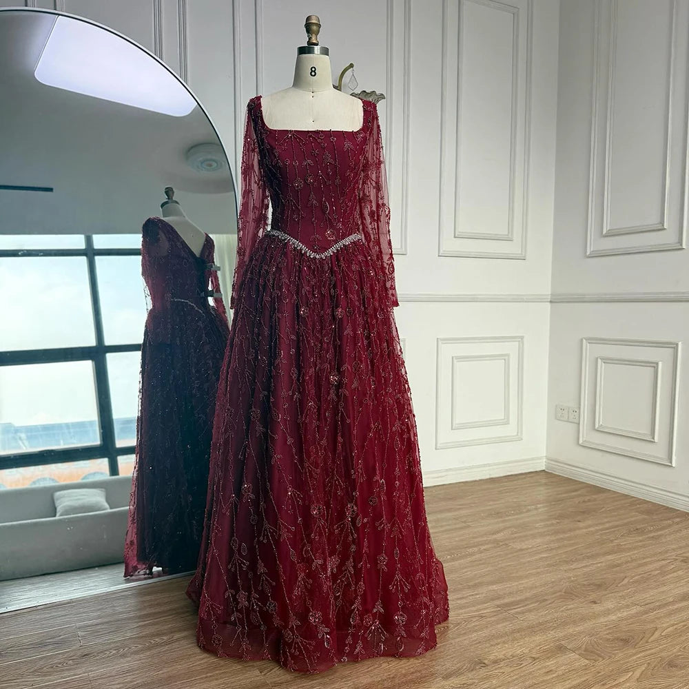 Luxury Sage Green Beaded Evening Dress with Long Sleeves LA72805B - SERENE HILL