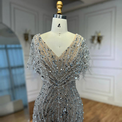 Luxury White Nude Beaded Feather Mermaid Evening DressLA72837 - SERENE HILL