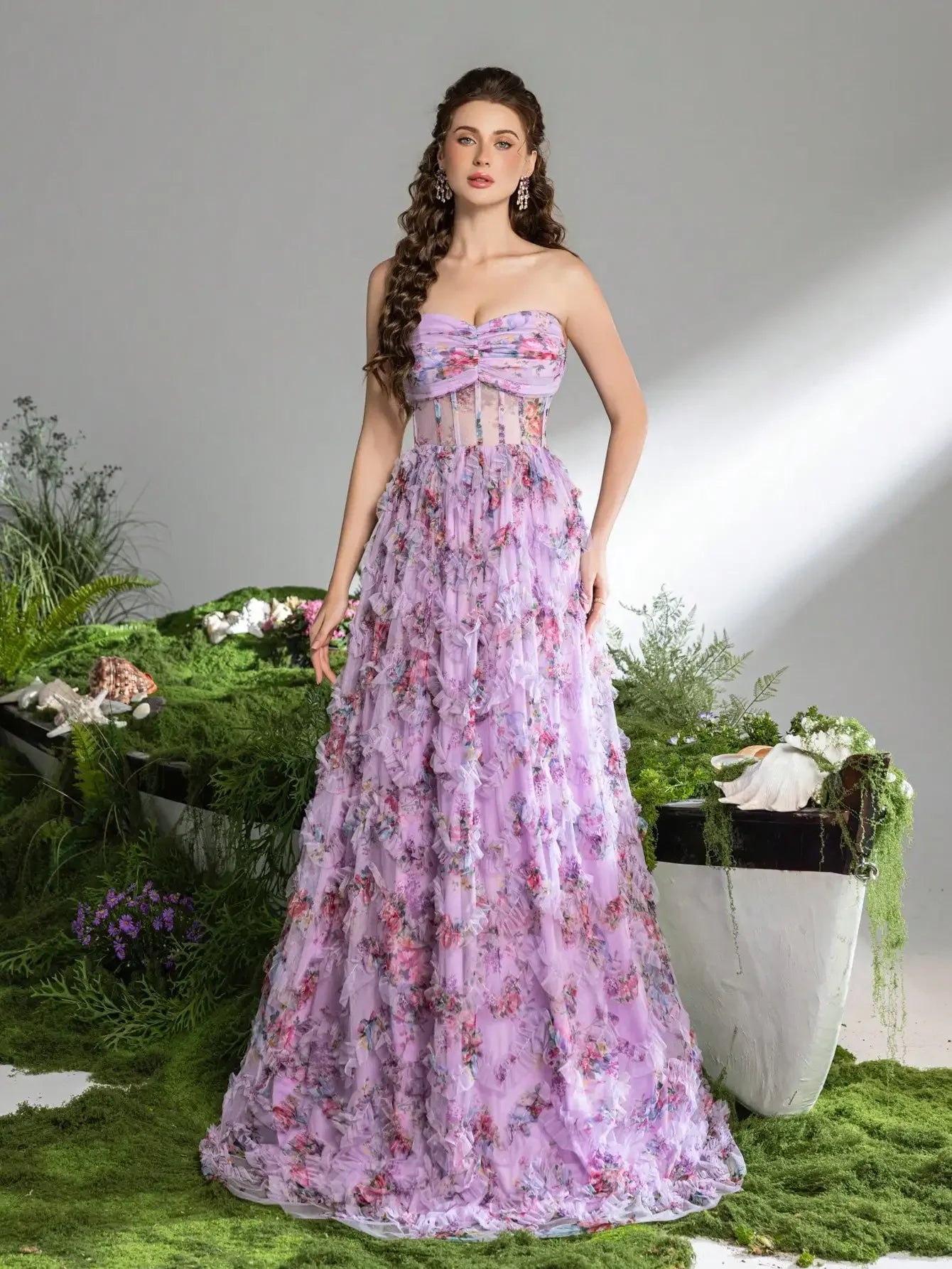 Pink A-Line Tulle Printed Ruffle Tiered Prom Dress LA73275 - SERENE HILL