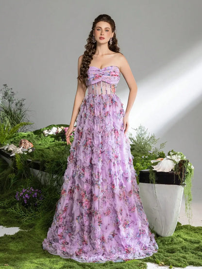 Pink A-Line Tulle Printed Ruffle Tiered Prom Dress LA73275 - SERENE HILL