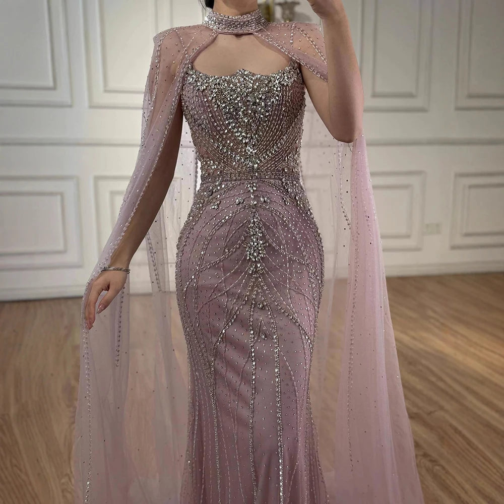 Luxury Dubai Nude Mermaid Evening Dress with Cape Sleeves LA73195 - SERENE HILL