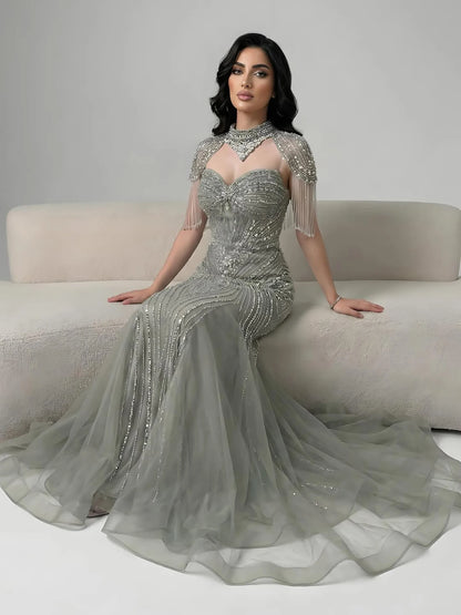 Luxury Nude Beaded High Neck Mermaid Evening Dress LA72897 - SERENE HILL