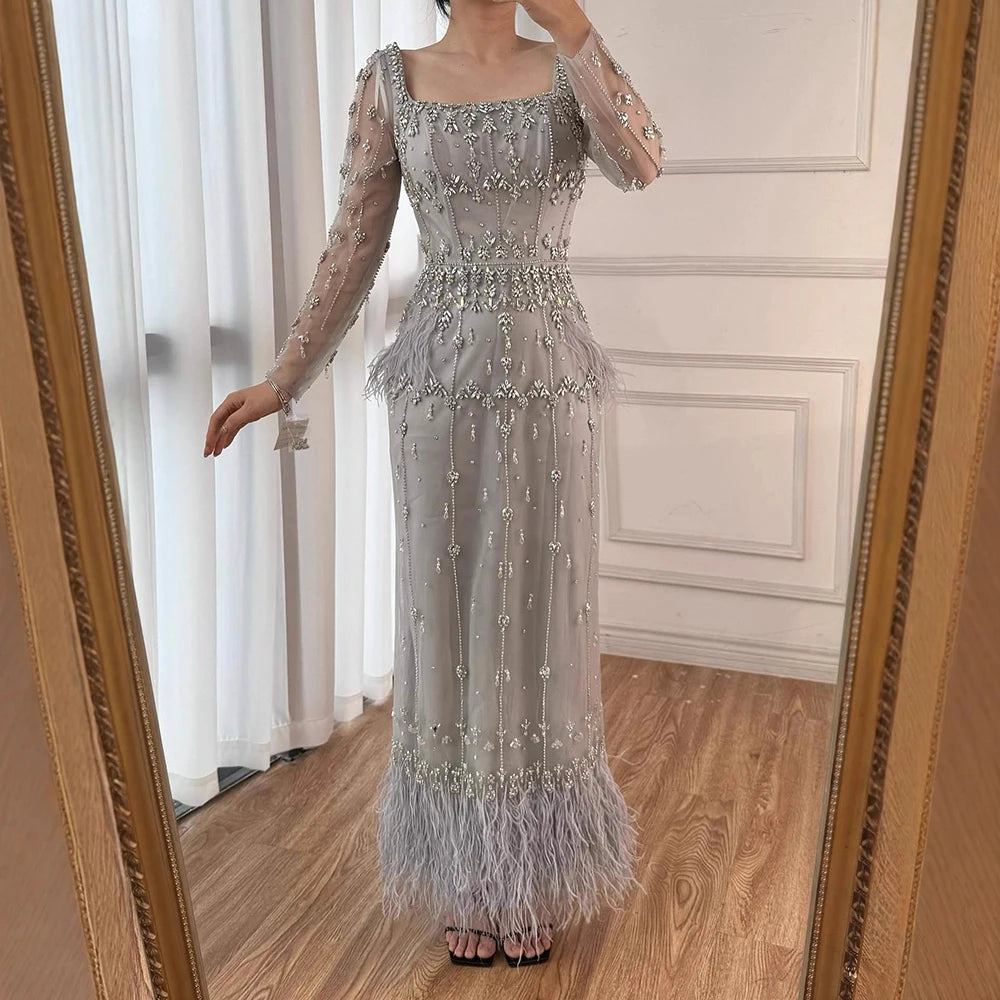 Muslim Luxury Feather Ankle Evening Dress with Long Sleeves LA71722 Grey / 4 Muslim Luxury Feather Ankle Evening Dress with Long Sleeves LA71722 Grey / 4