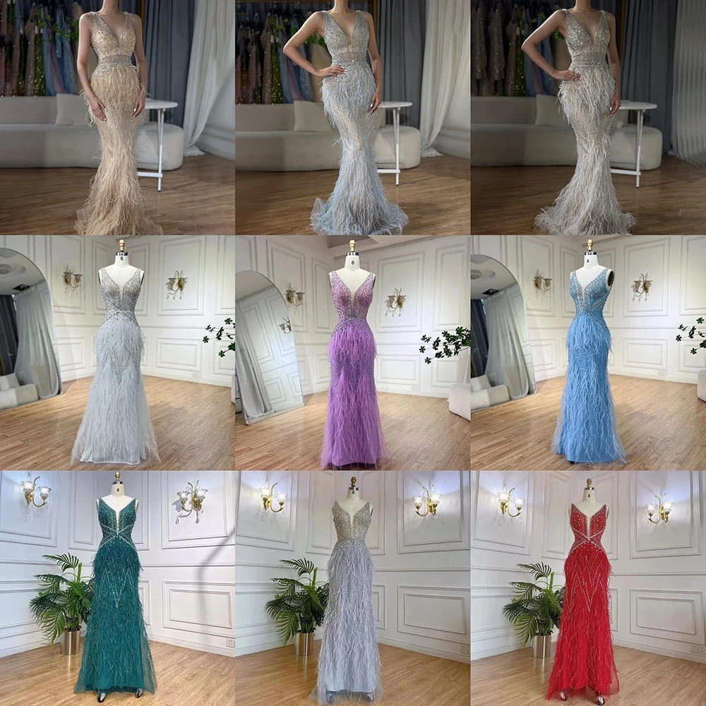 Serene Hill Arabic Blue Mermaid Elegant With Cape Luxury Beaded Feather Dubai Evening Dresses Gowns for Women Party LA71583B - SERENE HILL