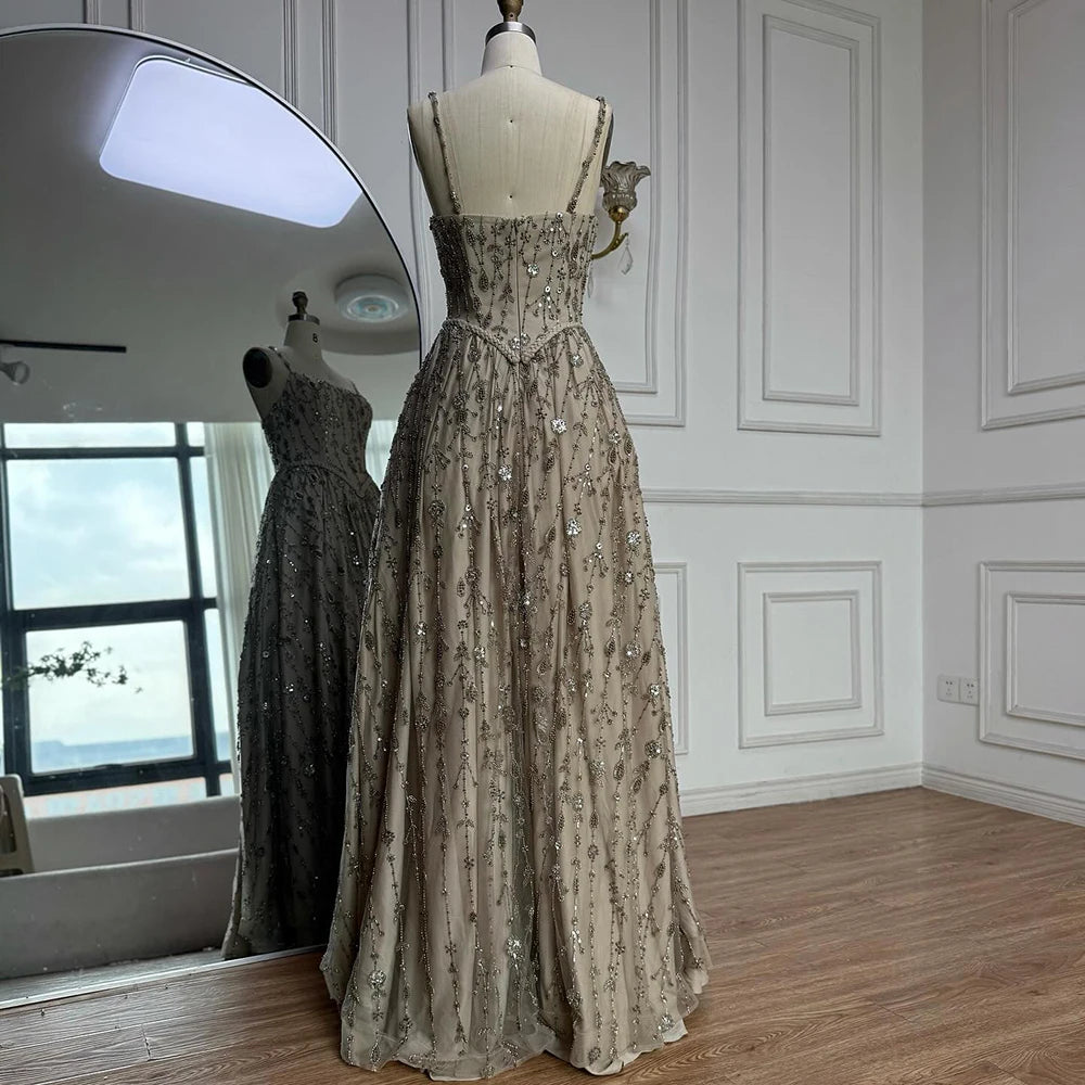 Luxury Sage Green Beaded A-Line Spaghetti Strap Evening Dress LA72805 - SERENE HILL